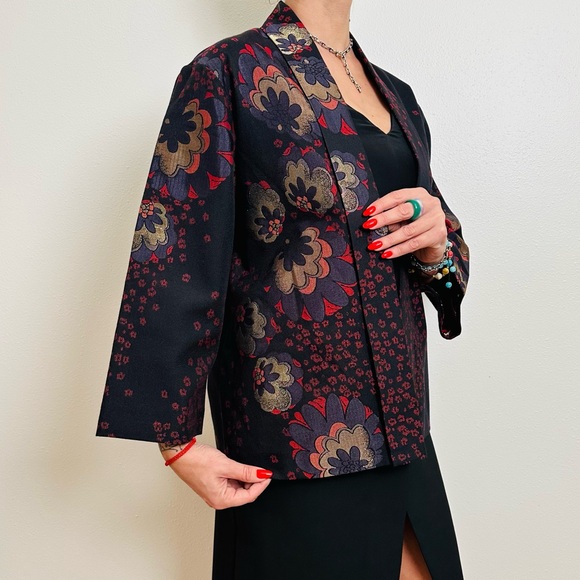 Chico's Black Floral Kimono Blazer Jacket Boho - Picture 4 of 10